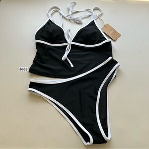 Samiol Black White Contrast Large Bikini Tankini Set Adjustable Strap